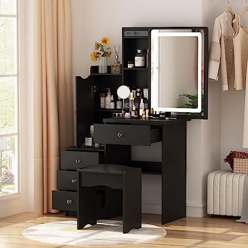 FAMAPY Vanity Mirror with Lights Desk and Chair, Vanity Desk with