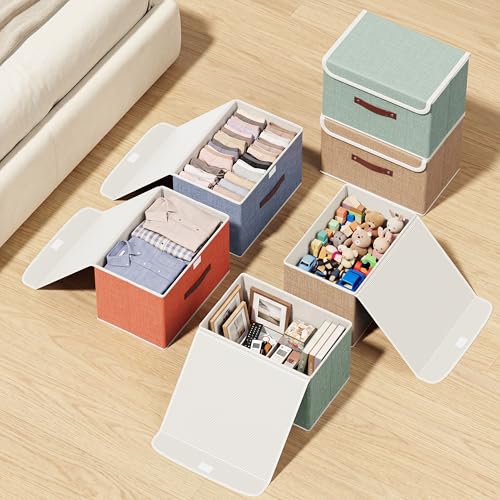 gaobaidu Set of 4 Foldable Fabric Storage Bins with Lid and Handles, Foldable Closet Organizer and Basket for Clothes, Toys, Books, Photos | 38x25x25cm (Set of Four Colors)