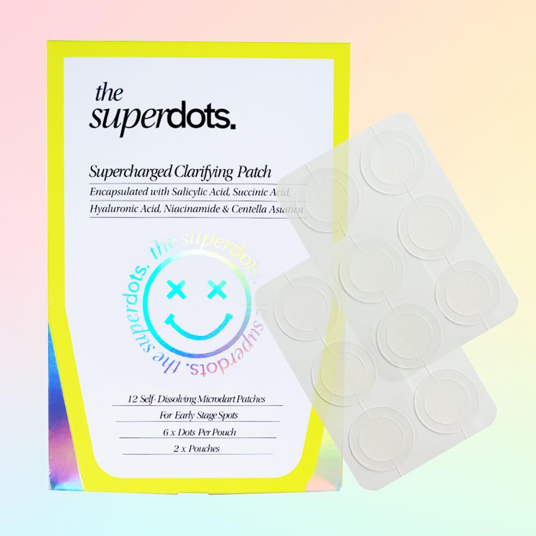The Superdots Clarifying Pimple Patches | 12 Self Dissolving Microdarts for Early Stage Spots | Acne Pimple Patches | Dots for Spots | Vegan Cruelty Free | Skin Care Spot Patches