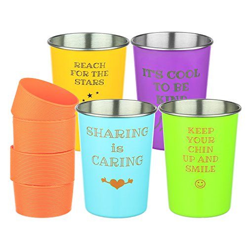 Bapon Organix Stainless Steel Drinking Cups w/ Silicone Sleeves (Kids 4-Pack) Stackable, Unbreakable, Reusable | Indoor & Outdoor Use | Inspirational Child-Friendly Sayings