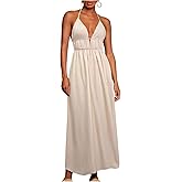 SweatyRocks Women's Tie Backless Summer Halter Dress Deep V Neck High Split Maxi Flowy Dresses