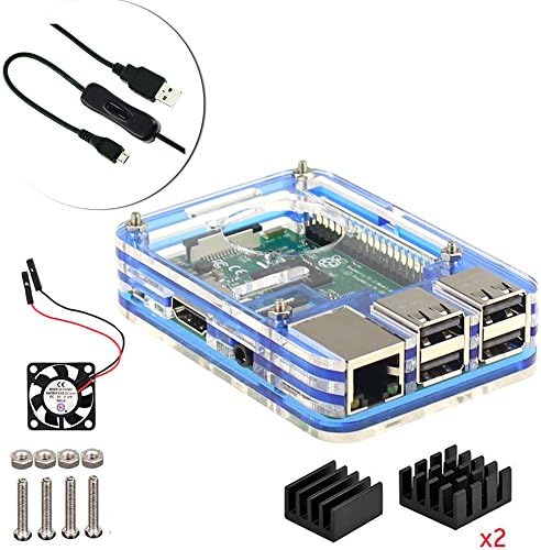 Starter Raspberry Pi 3 Model B Pi 2 Case Kit (7 layers Acrylic Case, Cooling fan, 3Pcs heatsink, ON/OFF Switch USB Cable) (Blue)