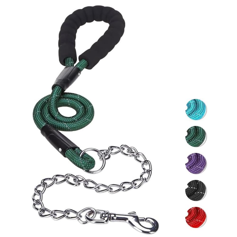 MIHACHI Anti Chew Dog Lead - Heavy Duty Rope Dog Leash with Anti-Bite Chain and Soft Padded Handle, No Tangle Strong Leash with Reflective Threads Green — image 1