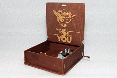 Star Wars Music Box - May The Force Be With You Yoda - Engraved Wooden Box - "Star Wars Theme" - Jedi Death Star Darth Vader Lightsaber - Hand Crank Movement