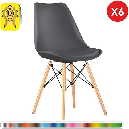 Decopresto Lot 6 X Chaise Scandinave Inspiration Scandinave Pieds Bois Naturel Siège Coussin Gris Beton Dp Dswcl Dg 6