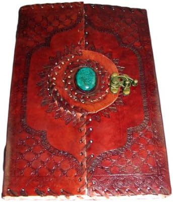 Handmade Leather Journal with Parchment Paper, Clasp &amp; Polished Stone (10"x7") Pendragon Series By Viatori