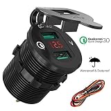 Quick Charge 3.0 USB Charger Socket Dual USB Car Power Outlet Waterproof Marine Cigarette Lighter Adapter 36W Fast Charge with LED Voltmeter for 12V/24V Boat Motorcycle ATV Bus Truck QC 3.0 Red