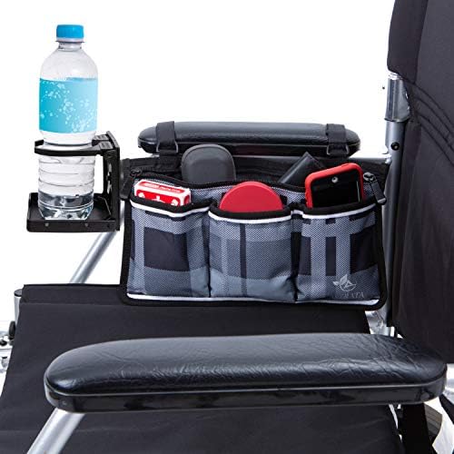 Wheelchair Side Bag with Large Cup Holder Arm Rest Pouch and Drink