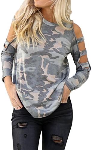 MNLYBABY Women's Casual Loose Hollowed Out Shoulder Camouflage Print Shirts Blouse Tops