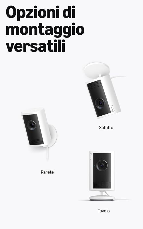videocamera interna Plus (Indoor Camera Plus, ultimo modello), Videocamera plug-in, Retinal 2K, zoom 4x, copriobiettivo manuale, Prova gratuita di 30 giorni del piano d'abbonamento Ring