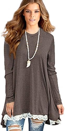 Sunfung Women's Lace Long Sleeve Tunic Tops Shirt Clothing Scoop Neck Womens Plus Size Tunic Blouses Tops (XXL-Large/US 20-22, Coffee)