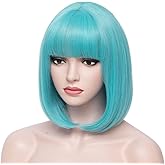 BERON 12 Inches Blue Bob Wig Short Straight Light Blue Wig with Bangs Teal Blue Wig for Women Halloween Cosplay or Daily Use Wigs (Light Blue)