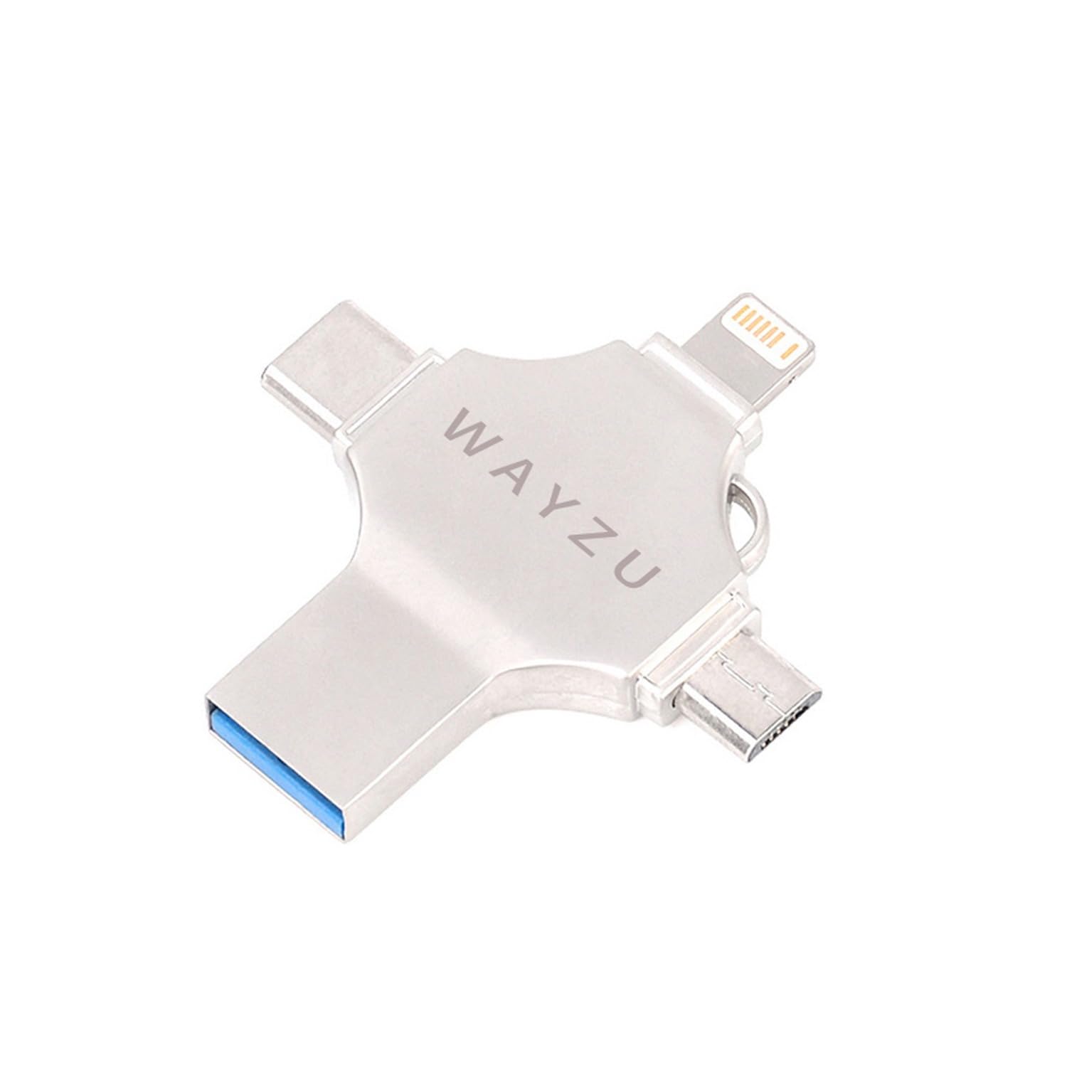 Wayzu® 4-in-1 USB Flash Drive 32GB/64GB – Multi Device Memory Stick with USB-C, Lightning, Micro USB & USB-A, Portable OTG Storage for iPhone, Android, Tablets & PC, Silver (32GB)