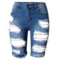 OLRAIN Womens High Waist Ripped Hole Washed Distressed Short Jeans 12 Blue