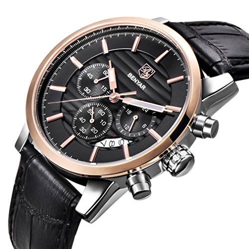 BENYAR Chronograph Waterproof Watches Business and Sport Design Black Leather Band Strap Wrist Watch for Men (L Rose Gold Black B)