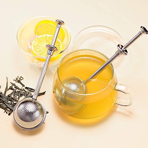 Senbowe 2 Pack FDA Approved Stainless Steel Tea Infuser Filters Strainer Steeper with Upgrade Fine Mesh Filters and Spring Handle for Hanging on Teapots, Mugs, Cups to steep Loose Leaf Tea and Coffee