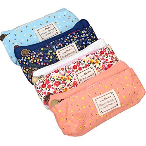 FASOTY Flower Floral Canvas Pen Pencil Holder, Set of 4 Canvas Cosmetic Pen Pencil Stationery Pouch Bag Case