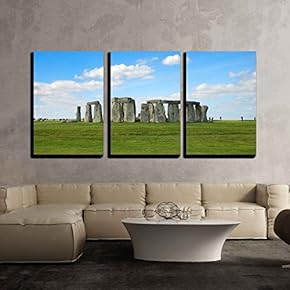3 Piece Canvas Wall Art - Stonehenge with Blue Sky - Modern Home Art Stretched and Framed Ready to Hang - 16"x24"x3 Panels