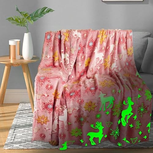 Christmas Throw Blanket Luminous Christmas Fleece Throws, Glow in the Dark Blanket Soft Comfy Fluffy Cozy Fleece Plush Child's Blankets for Sofa Couch Single Bed, All Season for Children Adults, Pink