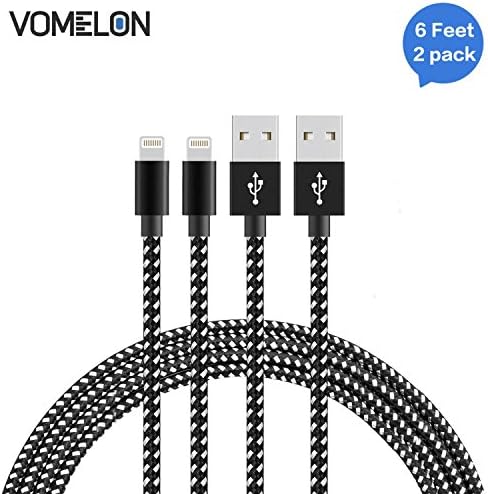 Lightning Cable, [6FT-2Pack] Nylon Braided Extra Long Tangle-Free Cord High Speed Charger for iPhone 7/7 Plus/6S/6 Plus, SE/5S/5, iPad, iPod Nano 7-[Black + White]