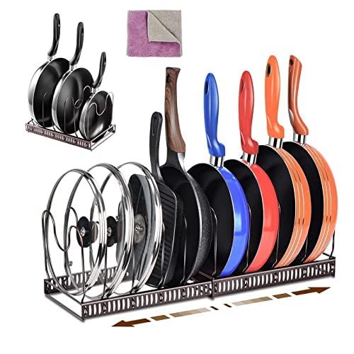 Myiosus Topfdeckelhalter, Pfannenhalter für Schrank mit 7 Verstellbaren Fächern, Rutschfest Küche Pfannen Organizer, Deckelhalter Schublade, für Töpfe, Pfannen, Geschirrset - mit 1 Reinigungstuch