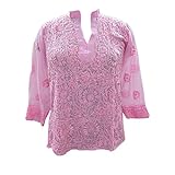 Mogul Women's Tunic Bohemian Sheer Pink Chikan Needlecraft Embroidered Kurti