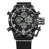Tamlee Dual Time Multifunction Digital Analog Leather Sport Watches for Men Waterproof Army Style Black White