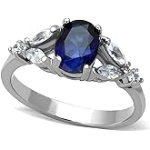 Pure Ziva Oval Simulated Blue Sapphire & White Cubic Zirconia CZ Accented Engagement Ring, Hypoallergenic 316L Stainless Steel