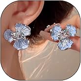 Blue Flower Statement Stud Earrings for Women Bohemia Delicate Enamel Lotus Floral Dangle Earrings Minimalist Bloom Drop Earrings Charm Jewelry