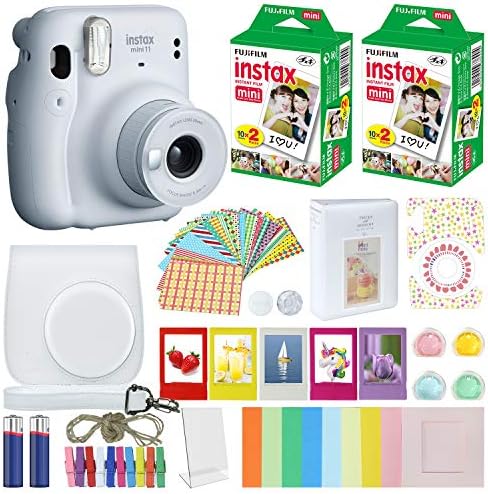 Fujifilm Instax Mini 11 Prompt Digital camera Ice White + Carrying Case + Fuji Instax Movie Worth Pack (40 Sheets) Equipment Bundle, Coloration Filters, Picture Album, Assorted Frames…