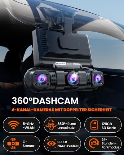 360° Dashcam Car, 4-Channel Wireless 2K Dashcam, 2K+1080P*3 Resolution, Built-in Wi-Fi & App, G-Sensor, 8 IR Night Vision LEDs, Includes 64GB SD Card