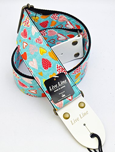 Live Line 2" = 50mm wide woven Guitar Strap with leather ends, Hearts on Blue LS2400BUH