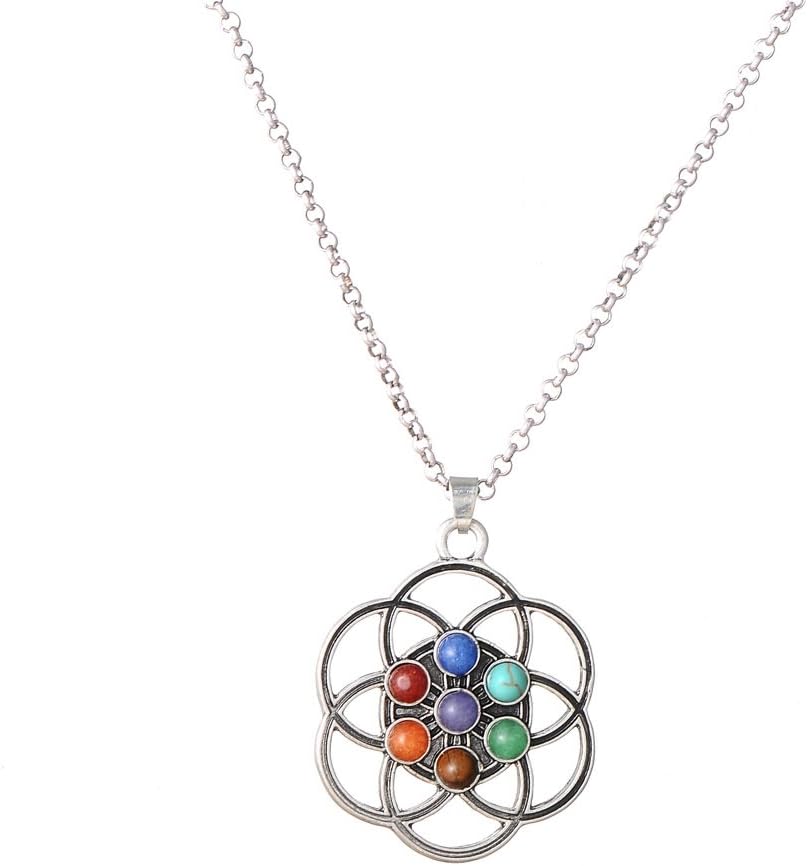 PSEEHEE Tree of Life Flower of Life Sacred Geometry 7 Chakra Healing Crystals Necklace, Reiki Stones Pendant Jewelry