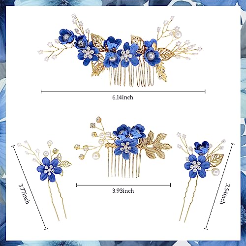 4 PCS Flower Hair Comb Summer Flower Girl Hair Pin Yellow Gold Metal Leaves Bride Bridesmaids Birthday Prom Party Hair Piece Accessory, Heaspiece Set (Something Blue)