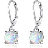 CiNily Round-Cut Opal Dangle Earrings, Green Fire Opal Rhodium Plated Women Jewelry Leverback Gemstone Drop Earrings