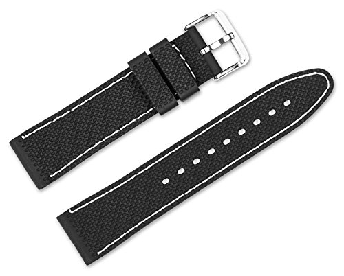 22mm Replacement Rubber Watch Band - Silicone Rubber - Black w/White Stitching Watch Strap
