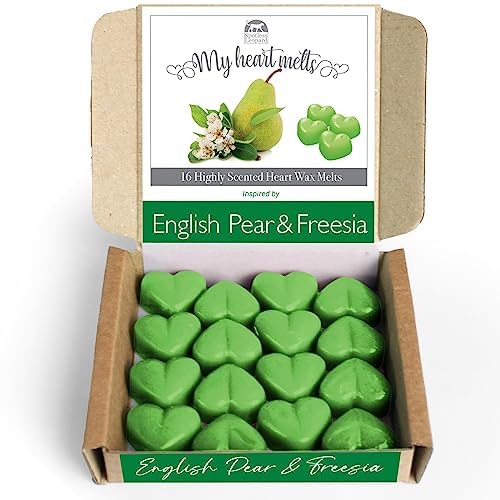 English Pear & Freesia Wax Melts: 16 x 5g Heart Shaped |Scented Wax Melts, Vegan & Pet Friendly, Cruelty & Plastic Free, Handmade in UK, Candle Alternative