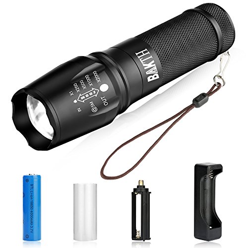 BAKTH Super Bright CREE XML T6 LED Tactical Flashlight, Outdoor Handheld Zoomable 5 Light Modes Water Resistant flashlight with USB Charger & 18650 Rechargeable Battery - Thumbnail 7