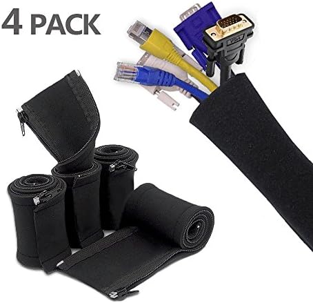 Computer Cable Sleeve, iHaushalt 4 Pack 20'' Flexible Neoprene TV Cord Organizer, Quality Cable Management System for Home and Office Cord Organization, Bonus 6 Free Cord Clips with 3M Adhesive