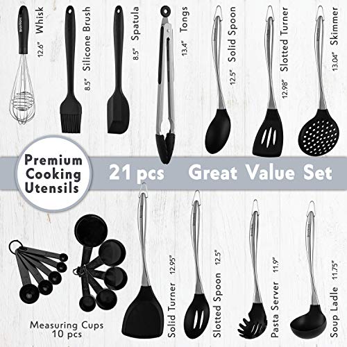 Premium Kitchen Utensils - 21-Piece Cooking Set - Stainless Steel & Silicone - Ladle, Spatulas, Spoons, Server, Brush, Measuring Cups, Whisk, Strainer, Tongs - Heat Resistant for Non-Stick Cookware