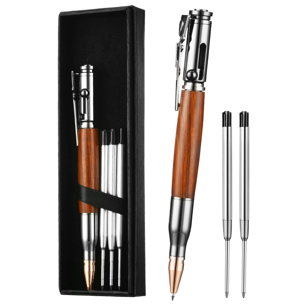 AUAUY Bolt Action Pen with Gift Case, Retractable Lightweight Metal Pen, Ballpoint Pen with 5 Extra Refills, Ink Refillable Office School Gift for Students Dad Colleague Boyfriend Husband (Wood Grain)