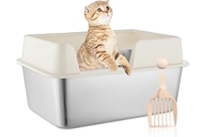 THEYFIRST Large Stainless Steel Litter Box with Lid, 19.5" x 13.6" x 9.1" Metal Litter Box with High Sides, Anti-Leakage Easy Clean Litter Box for Big Cats, Open Top Low Entry Litter Box for Senior Cats(White)