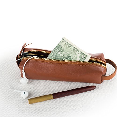 Ancicraft Genuine Leather Handmade Pen Pencil Mark Case Holder Pouch Organizer Bag Purse with Zipper Closure Brown - Thumbnail 6