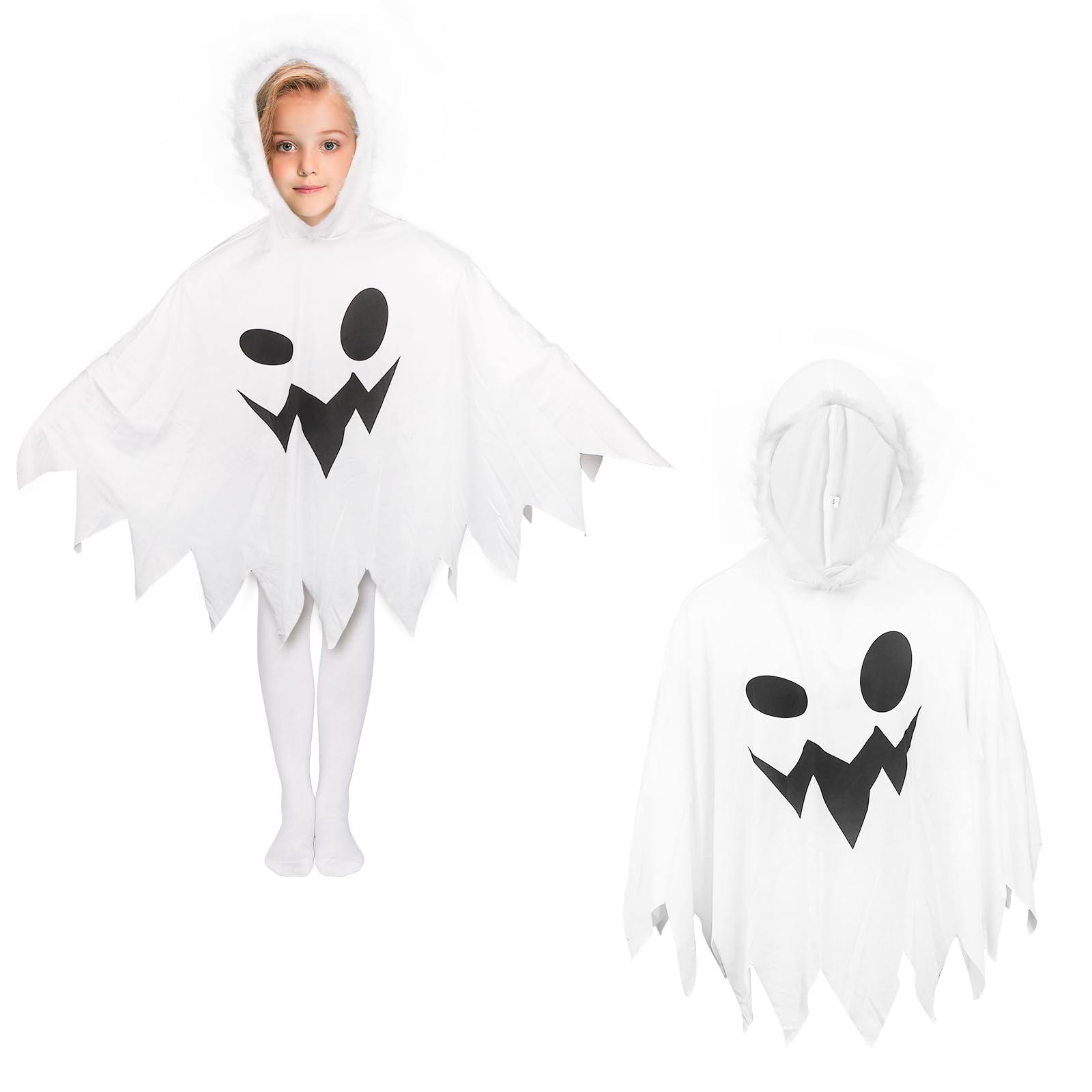 Halloween Ghost Costume for Kids, Toddler Girls Scary Dress White Smiling Ghost Fanny Dress with Hood Halloween Cape Cloak for Girls Ghost Spooky Cosplay Party Costumes (M, 4-6 Years)