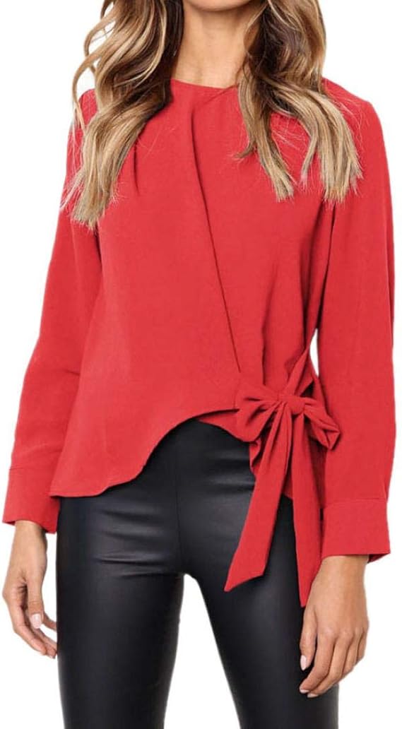 Lazzboy Womens Long Sleeve Knoted Bow Front OL Office Work Casual Loose