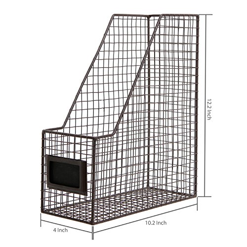 Rustic Metal Wire Document Magazine Storage Baskets with Chalkboard Label Holders, Set of 2, Brown