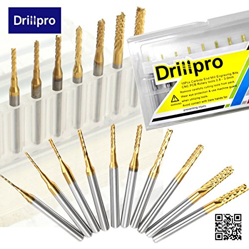 image for DRILLPRO 10Pcs 0.8-3 mm Titanium Coat Carbide End Mill Engraving Bits 