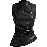 SHENHE Women's Mock Neck PU Leather Pleated Asymmetrical Sleeveless Fitted Dressy Tank Top