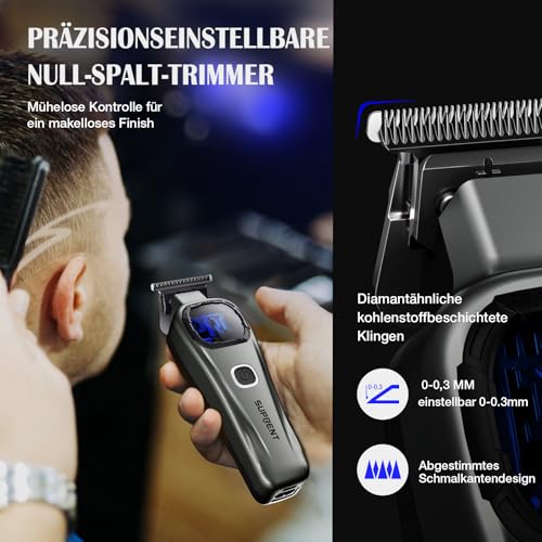 SUPRENT Men's Professional Hair Trimmer - Titanium-Coated Fade Blade, Adjustable Zero-Gap T-Blade, 5 Length Levels, Magnetic Guide Combs, 2500 mAh Battery & Type-C Charging Station