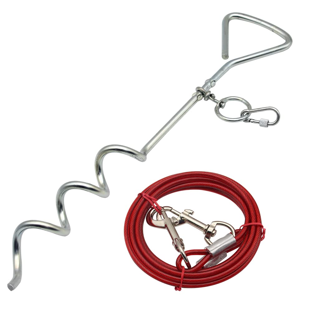 3 Metre Dog Chains Dog Tie Out Cable Spike Stake, Dog Outdoor Lead Leash, Heavy Duty Steel Spiral Ground Dog Tether (Red)